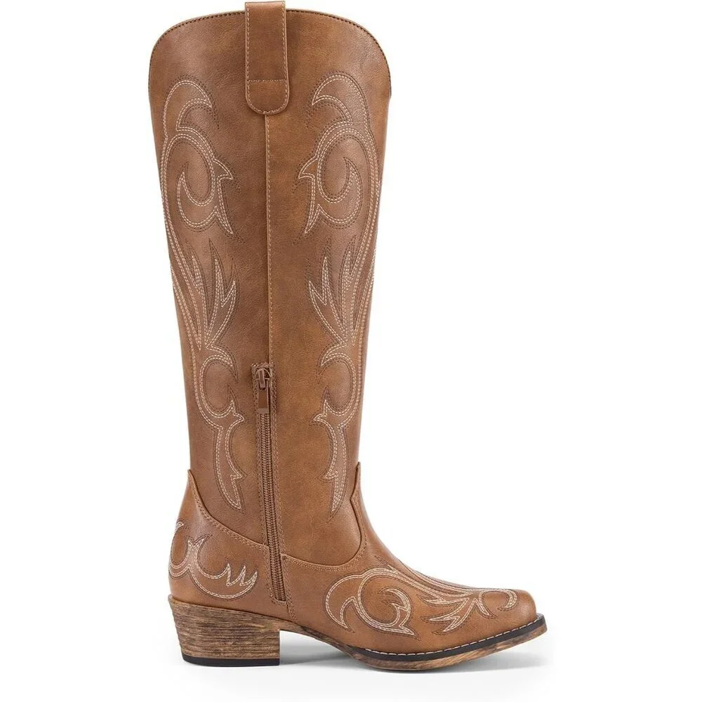 Womens Faux Leather Brown Knee High Chunky Heel Side Zipper Embroidered Boots